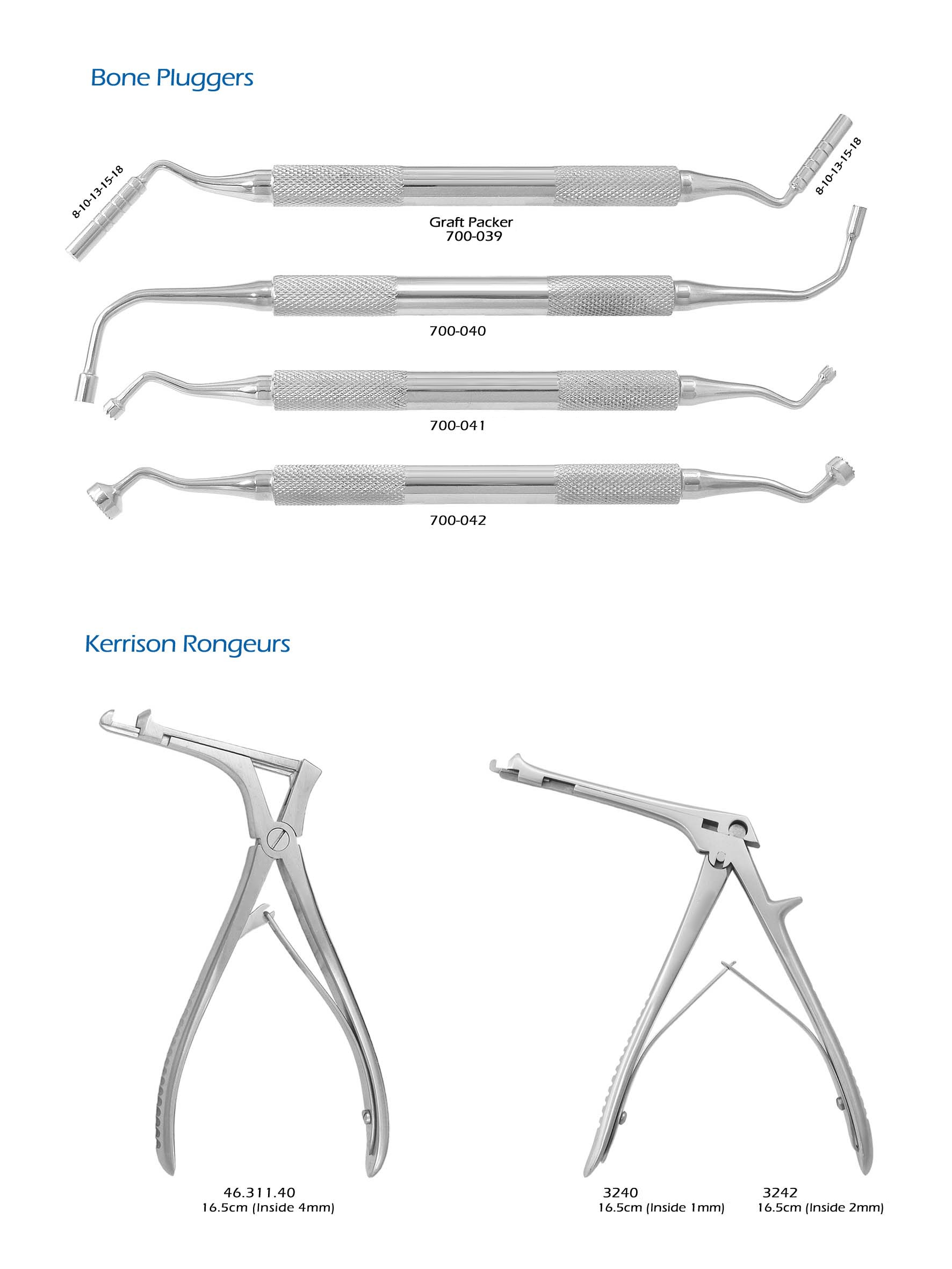 Bone pluggers Kerrison rongeurs